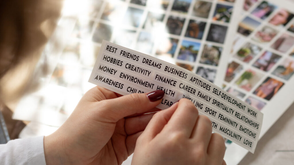 A close-up of a woman's hands holding labels with various life aspects such as 'Dreams', 'Business', and 'Health', as she organizes her personal Dream Map with a background of photo collages.